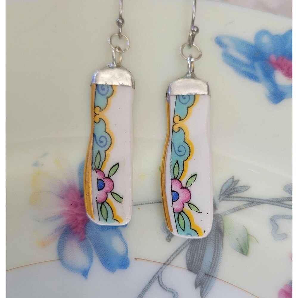 Broken China Pink Flower Top Soldered Earrings